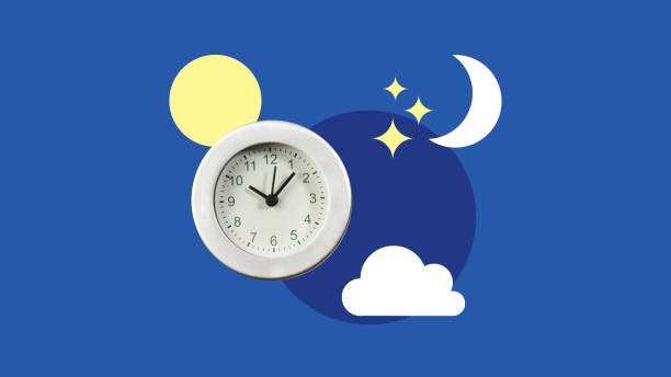 istock Circadian clocks or biological clock and insomnia. Clock with day night concept. Day schedule. Blue sky with clouds and sun. Moon and stars in the night 2152283070