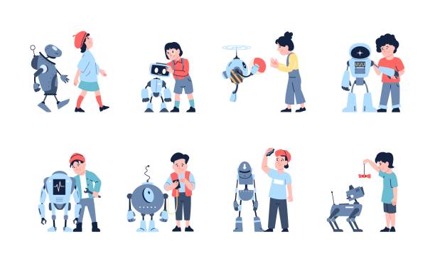 Children and robots. Kids interaction with robot, playing ball, repairing and programming androids or cyborgs. Robotics for toddlers recent vector set Children and robots. Kids interaction with robot, playing ball, repairing and programming androids or cyborgs. Robotics for toddlers vector set of robot technology education for children illustration child robot class stock illustrations