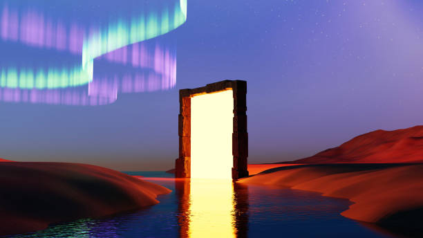 istock 3D render, Surreal Abstract Landscape with stone portal and orange light over beautiful sky background, futuristic scene with lake and dune. 2152288782