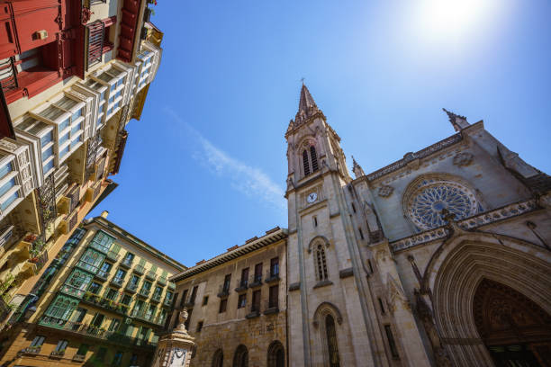 Low-angle view of the Plaza de Santiago in the Old City of Bilbao with the City Cathedral on the right side.