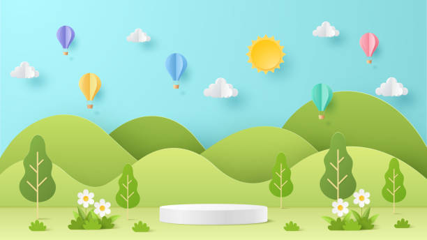 istock Paper cut spring summer season with cylinder podium, sun ,clouds, balloons,mountain on blue sky background. Green nature landscape backdrop for product display advertising,presentation. 2152291850