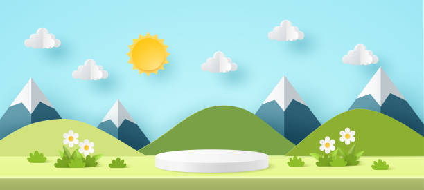 istock Paper cut spring summer season with cylinder podium, sun ,clouds, mountain on blue sky background. Green nature landscape backdrop for product display advertising,presentation. 2152291873