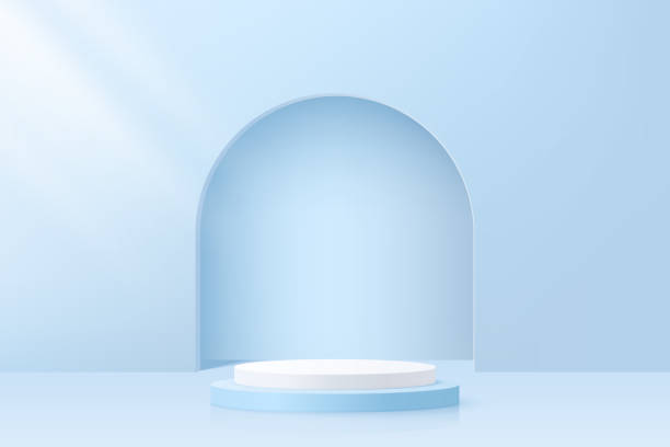 istock 3d cylinder pedestal podium with minimal blue studio room ,pastel 3d stage for cosmetics product display ,vector illustration. 2152292201
