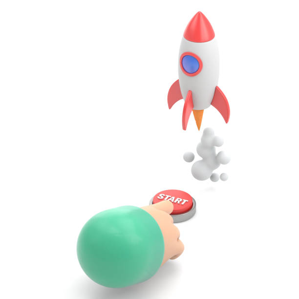 Cartoon Gesture Icon Mockup.Flat 3d isometric businessman hand presses start button to launches a space rocket. Business start up concept.3D rendering on white background.