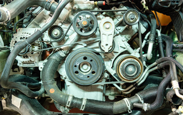 istock Close-up view of a complex V8 car engine with detailed components and assemblies 2152297016