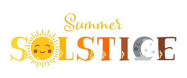 illustrazioni stock, clip art, cartoni animati e icone di tendenza di tipografia vettoriale di lettere del solstizio d'estate. faccia del sole e della luna con testo scritto a mano su sfondo bianco. il giorno più lungo dell'anno. concetto di vacanza. modello per sfondo, banner, poster, cartolina. - solstizio-destate