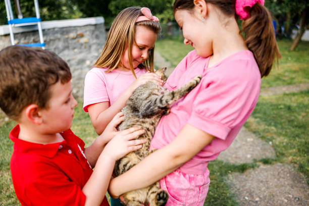 istock Two girls and boy cuddling cat in backyard 2152304022