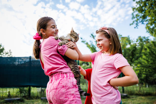 Two little girl cuddling cat in backyard