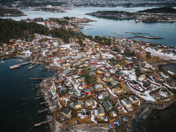 Drone view of summer cottages in island of Lindøya, Oslo.