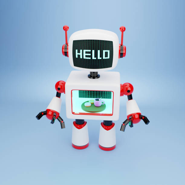 Autonomous personal assistant personal robot for serve foods in restaurant with blue background. Robotics trends technology business concept. Image 3D rendering