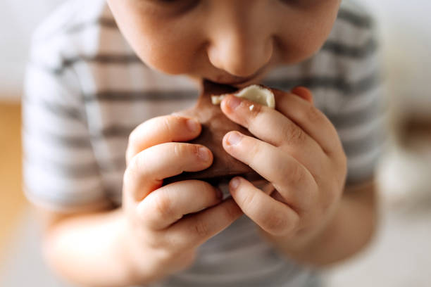 Portrait of a cute little boy with chocolate stains looking at camera.