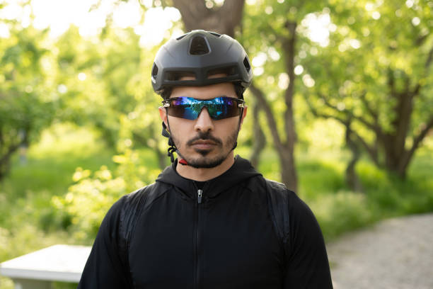 Portrait of cyclist with equipment