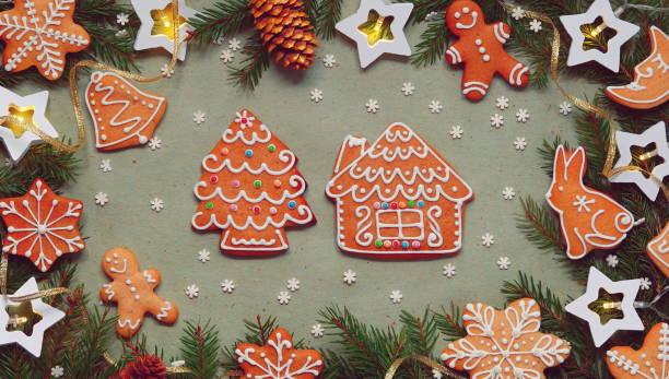 istock Christmas Gingerbread Cookies Flat Lay On Green Background 2152308115