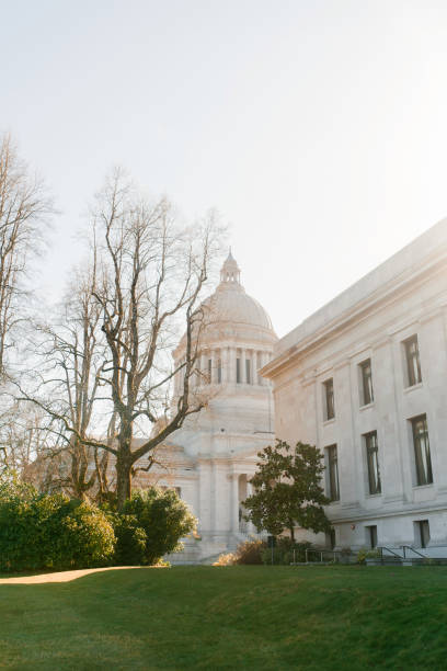 Drone shot looking at the Washington State Capitol Building in Olympia on a sunny day in spring.