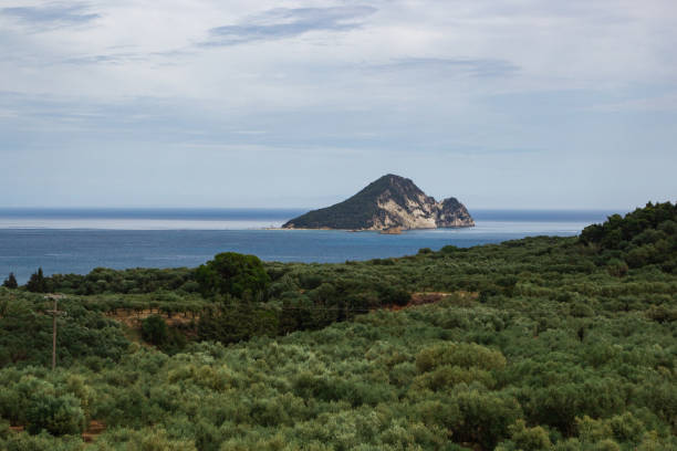 View of the small island far away in the mountains