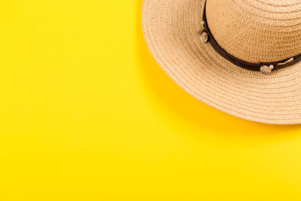 istock Top view on a retro straw hat on a yellow background. Summer concept. Minimalistic wallpaper for advertising a happy vacation on the sea or ocean or travel agency services with free place for text 2152317917