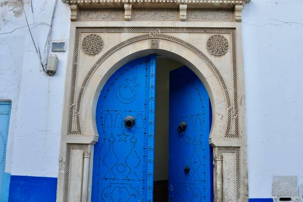 istock Mediterranean Blue Double Doors in Islamic Style, One Door Ajar 2152319786