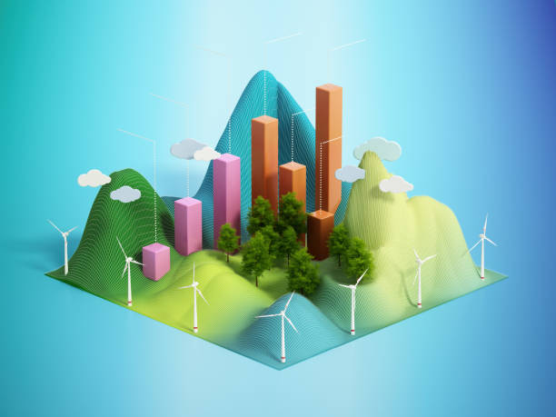 istock Colorful 3D Graph on Green Hills With Wind Turbines Under a Blue Sky. Sustainable Data Visualization Concept 2152320822