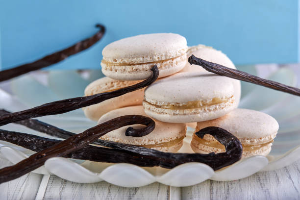istock A stack of macarons and vanilla beans on a plate, a happy event 2152321809