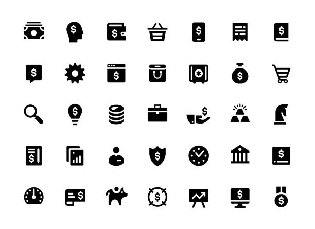 ilustraciones, imágenes clip art, dibujos animados e iconos de stock de conjunto de iconos sólidos para la tecnología financiera - sólido