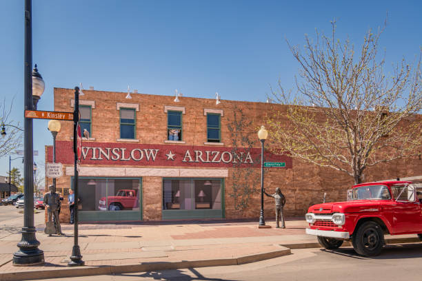 Winslow, AZ, US-April 13, 2024: Standing on the Corner Park is a local landmark and tourist attraction paying homage to the famous Eagles song.