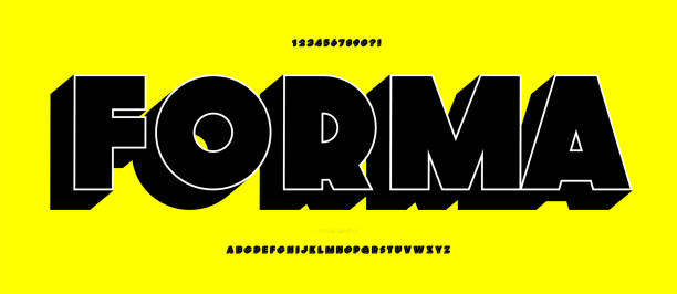 Font forma 3d bold style modern typography Font forma 3d bold style modern typography for summer party poster, t shirt, flier, decoration, card, sale banner, printing on fabric, industrial. Cool typeface. Trendy alphabet. Vector 10 eps thick stock illustrations