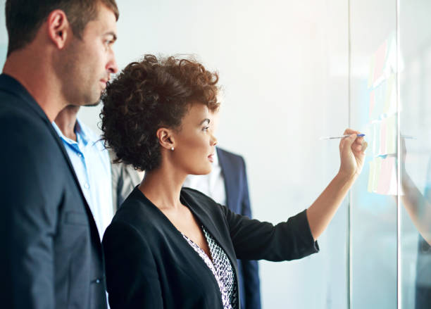 istock Glass wall, business people and brainstorming with teamwork, writing and planning for project. Productivity, group and employees with ideas, research and calendar with support, cooperation or meeting 2152333731
