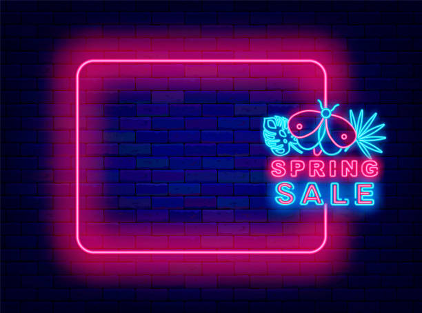istock Spring sale neon announcement. Empty pink frame and typography with butterfly. May, April retail. Vector illustration 2152333763