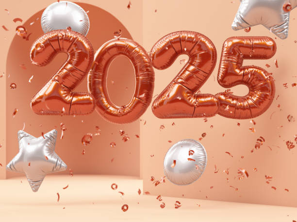 istock New Year Concept with Shiny 2025 Balloons and Confetti 2152337020