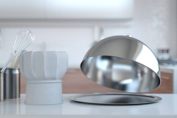 Empty Restaurant Cloche and Chef's Hat Ready to Serve. 3D Render