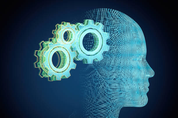 Machine Learning and AI Artificial Intelligence Concept with Gears in  Human Head Hologram