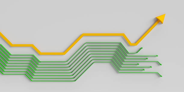 3D rendered fintech concept. The rising financial graph is accompanied by the connections of the electronic circuit. Large copy space.