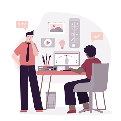 Designer Led By Client Designer Talking To Client About Order Details Digital Artist Drawing ...