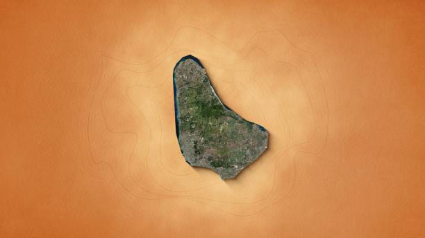 The video showcases an animation of a realistic map of Barbados set against a brown vintage paper background. It utilizes a zooming effect, allowing viewers to closely examine the continent, revealing its geographical features and details.