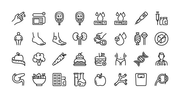 ilustrații de stoc cu set de pictograme linie pentru diabet. boală, zahăr, glucometru, diabet zaharat de tip 1, diabet de tip 2. grup de obiecte. - diabet
