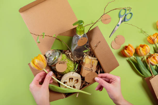 istock Skincare Gift Box and Hands with Tulip 2152369697