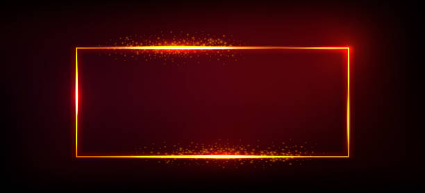 Sparkling golden frame isolated on red background Sparkling golden frame isolated on red gradient background. Vector realistic illustration of shiny rectangular border with magic light and shimmering particles, game ui or banner design element red yellow neon stock illustrations