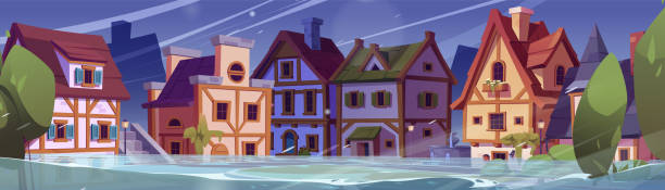 istock Flood on German city street and wind disaster 2152370650