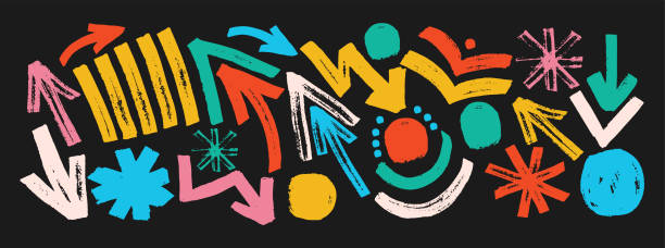 Set organic grunge bold shapes, curved lines and dots. Set organic grunge bold shapes, curved lines and dots. Geometric vector set in Memphis style. Grunge swirled brush stroke, curly and straight lines. Hand drawn geometric pattern. drawing of pink and black polka dot wallpaper stock illustrations