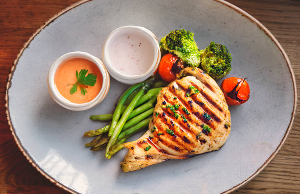 Roast chicken breast and grilled vegetables