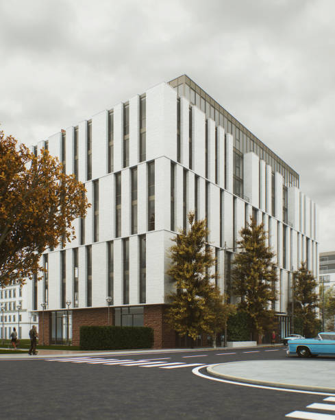 Digitally generated modern office building that dominates the view, with it's white façade and vertical windows contrasting against the overcast autumn sky. Several trees with autumn leaves line the sidewalk, adding a touch of natural color to the urban environment. Pedestrians walks by, while a retro futuristic blue car is parked on the street.

The scene was created in Autodesk® 3ds Max 2025 with V-Ray 6 and rendered with photorealistic shaders and lighting in Chaos® Vantage with some post-production added.