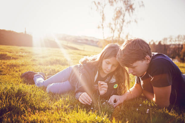 istock Siblings, brother and sister playing on a meadow during golden hour. 2152382638