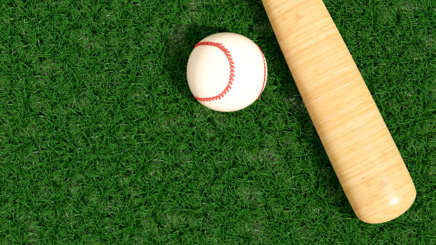 Baseball bat and ball on grass field. Digitally generated image. 3d render.