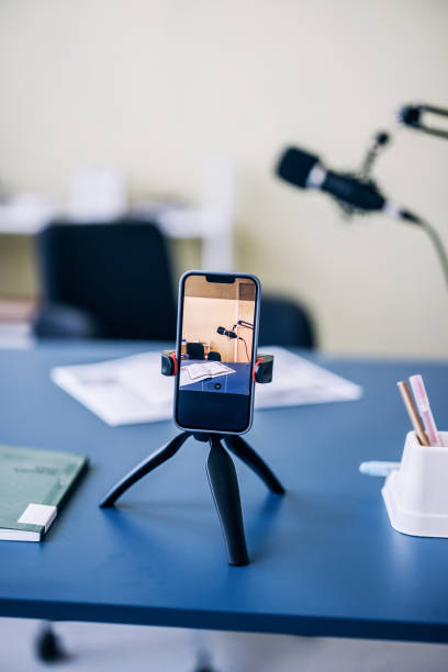 Smartphone Recording Podcast Setup on Office Desk