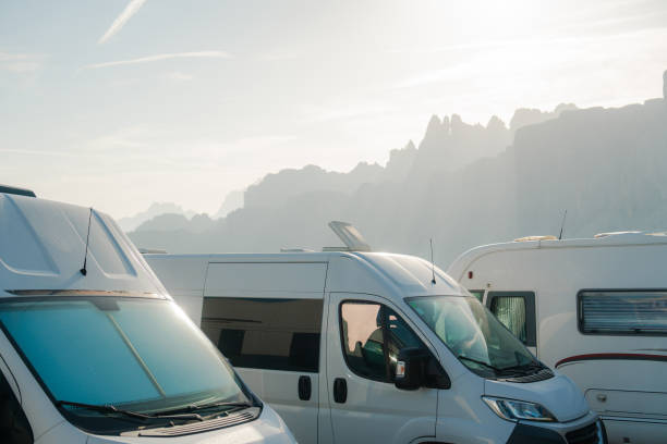 istock Camper vans on parking lot in mountains in summer 2152393385
