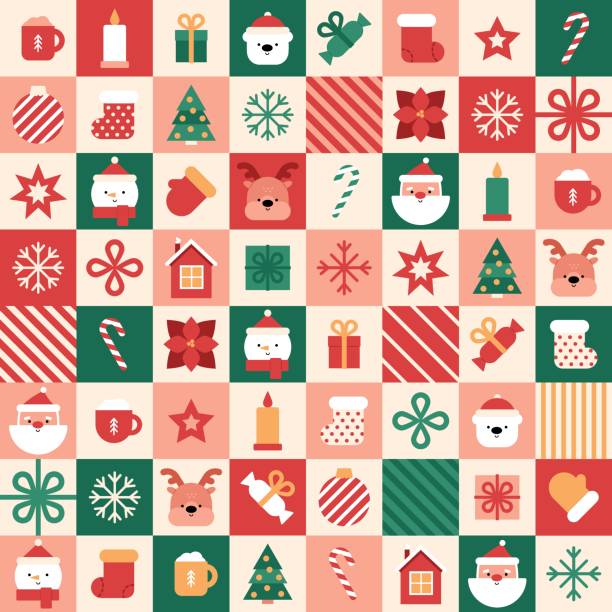 Christmas geometric pattern. Winter icons in tiles. Cute faces of Santa, deer, white bear and snowman, traditional New Year's minimalistic elements and graphics. Mosaic modern art. Vector illustration seasonal food icon stock illustrations