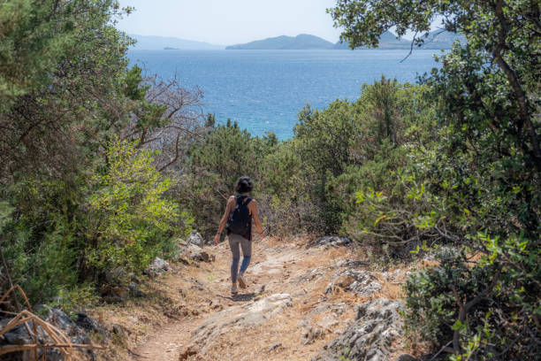 istock Walking camper woman in woods. 2152398203