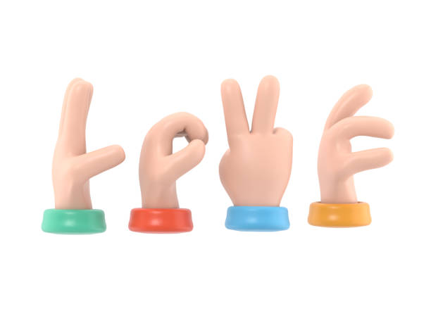 istock Cartoon Gesture Icon Mockup.Set female hands gestures making word LOVE, clipping path.3D rendering on white background. 2152399667