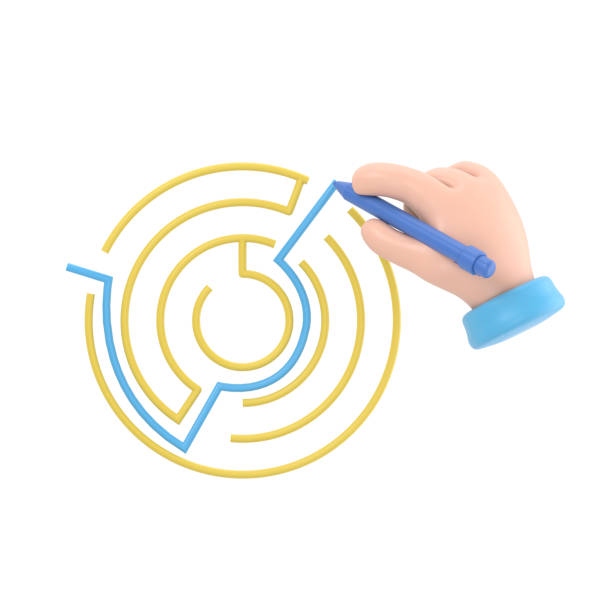 Find way out. Exit from circle labyrinth. Man with pen leads line from maze.3d illustration flat design. Successful solution confusing business. Solution problem.3D rendering on white background.
