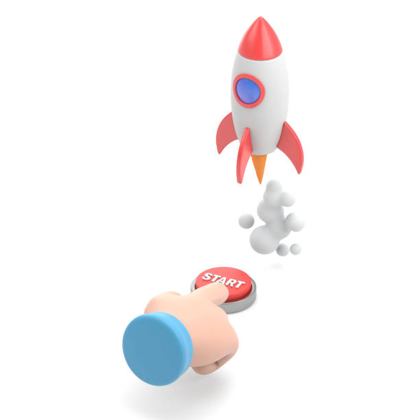 Cartoon Gesture Icon Mockup.Flat 3d isometric businessman hand presses start button to launches a space rocket. Business start up concept.3D rendering on white background.